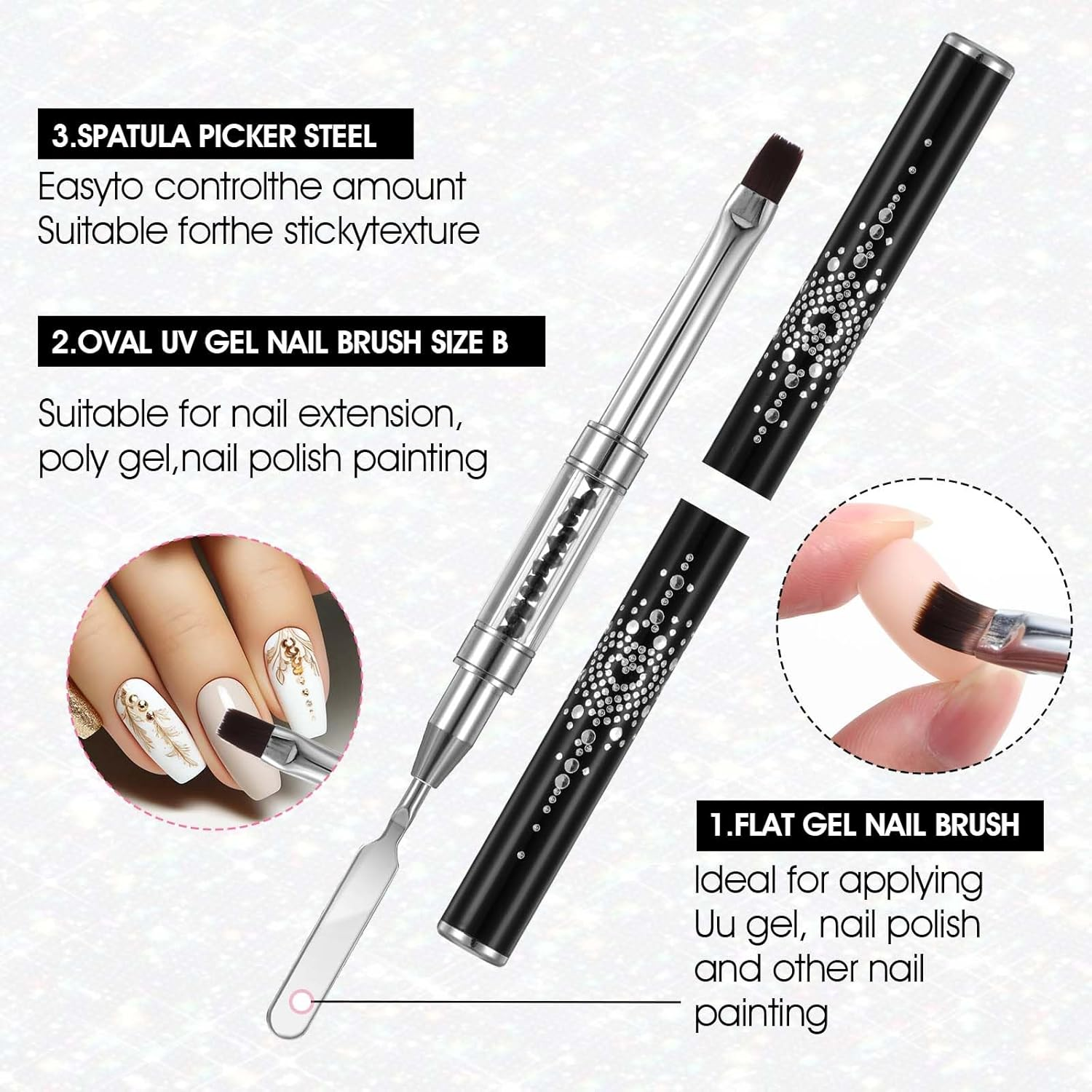 2 Pcs Builder Gel Brush，Poly Dual Ended Flat Gel Nail Brushes 2 in 1 Design Flat Manicure Spatula with Transparent Pen Box for Gels Acrylic Nails Extension(White，Black) image number 6