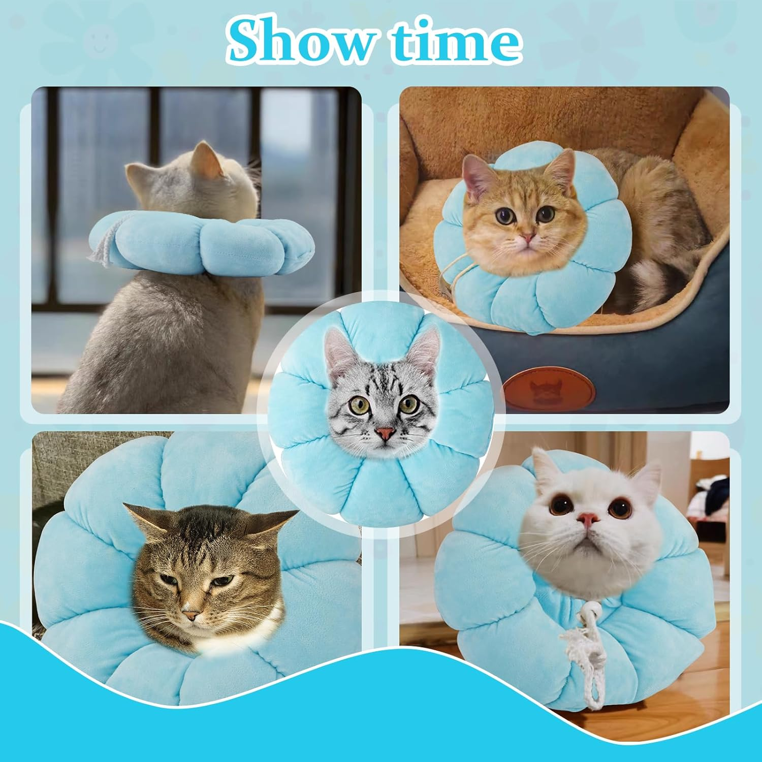HYLYUN Cat Cone Collar Soft - Cute Flower Cat Recovery Collar, Adjustable Cat E Collar, Surgery Recovery Elizabethan Collars for Kitten and Cats (Blue)