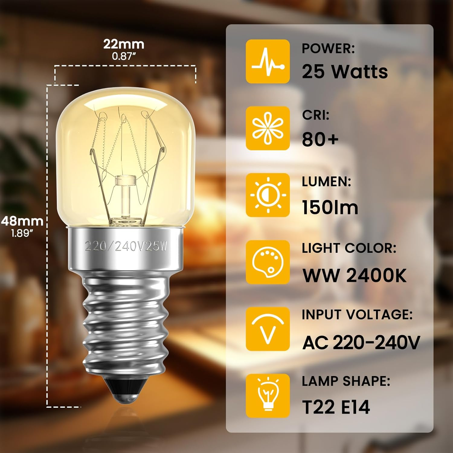 Bonlux 2 Pack 25W Dimmable Salt Lamp Bulbs,E14 Oven Bulbs 300℃ Heat Tolerant SES Incandescent Bulbs 2600K Warm White for Fefrigerator Oven Lamp Salt Lamp Sewing Machines, Small Edison Screw Base image number 1