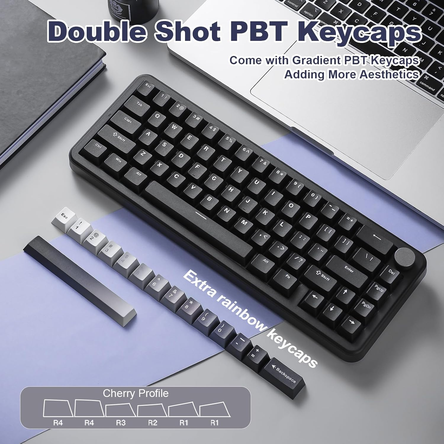 YUNZII B68 Wireless Cute Keyboard, Gasket Gaming Hot Swappable Creamy Keyboard with Knob, RGB, Bluetooth/2.4G/Type-C, Double Shot Rainbow Keycaps for Win/Mac (Black, Cocoa Cream V2 Switch) image number 4