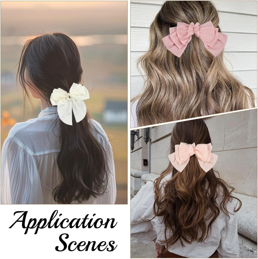 SOFPLATE Pack of 4 Large Hair Clips with Satin Bow, Coquette Hair Bow, Oversized Satin Hair Clip, Pink White Silky Ribbon, Hair Accessories, Large Bows Hair Clips for Women, Bridal, Wedding, Party