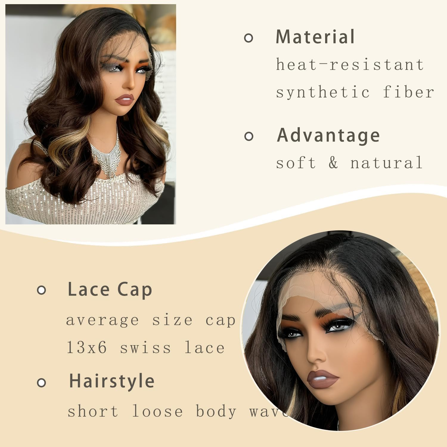 Synthetic Brown Lace Wigs 18 Inches Short Square 13 X 6 Lace Front with Free Parting Pre-Plucked Wavy Wigs for Women image number 4