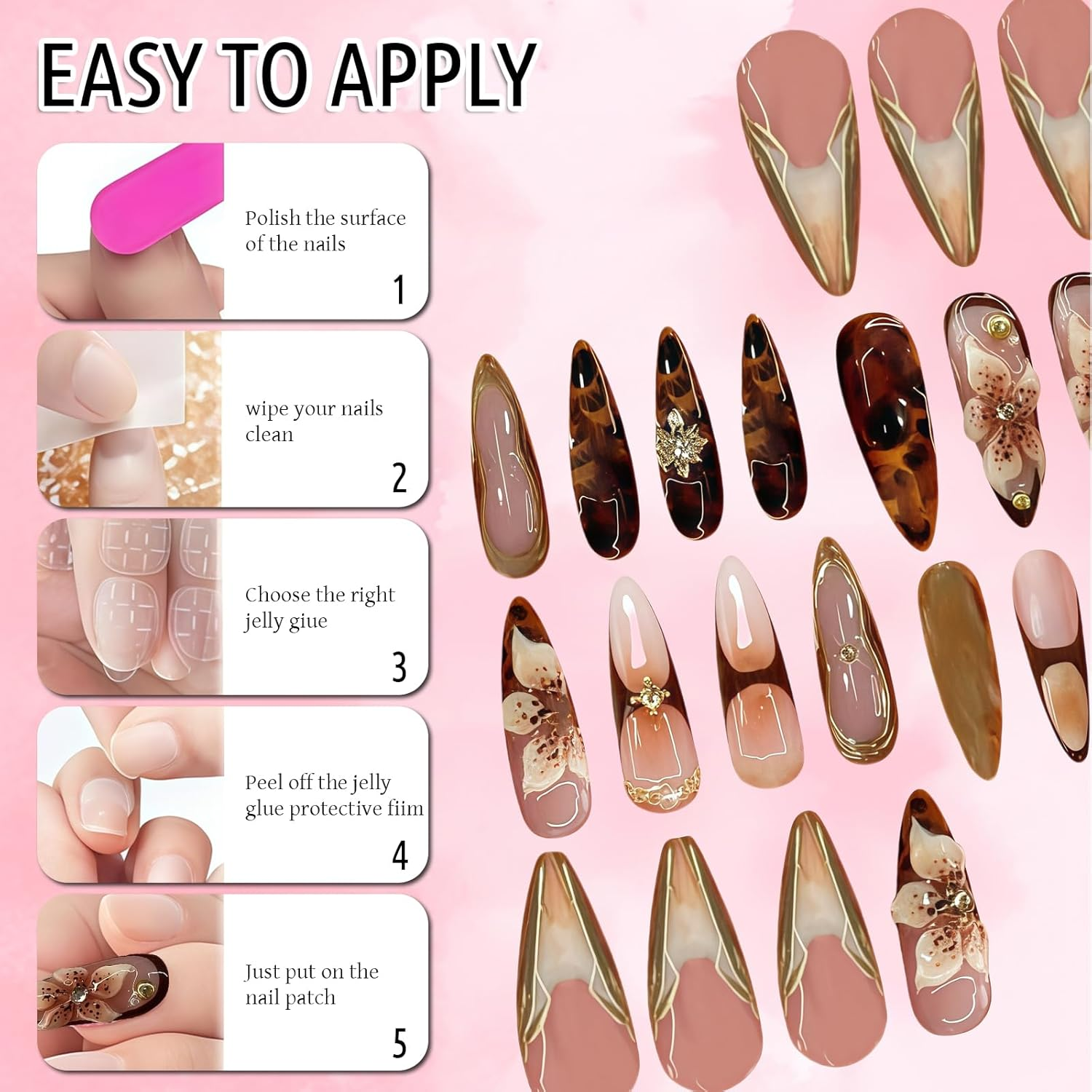 Yamobi Pack of 24 Press-On Nails, Almond Shape, 3D Flowers and Crystal Design, Handmade Press on Nails, Artificial Nails with 3D Almond Design