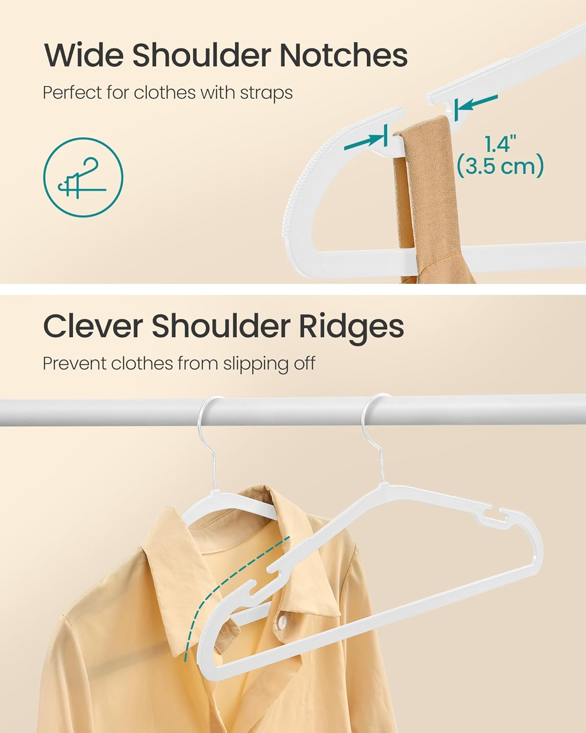 SONGMICS Coat Hangers, Pack of 50, Heavy-Duty Plastic Hangers, with Wide Shoulder Notches, Trousers Bar, 360&deg; Swivel Hook, Space-Saving, 41.6 X 21.4 Cm, for Wardrobe, Cloud White UCRP060W01 - Cloud White image number 5