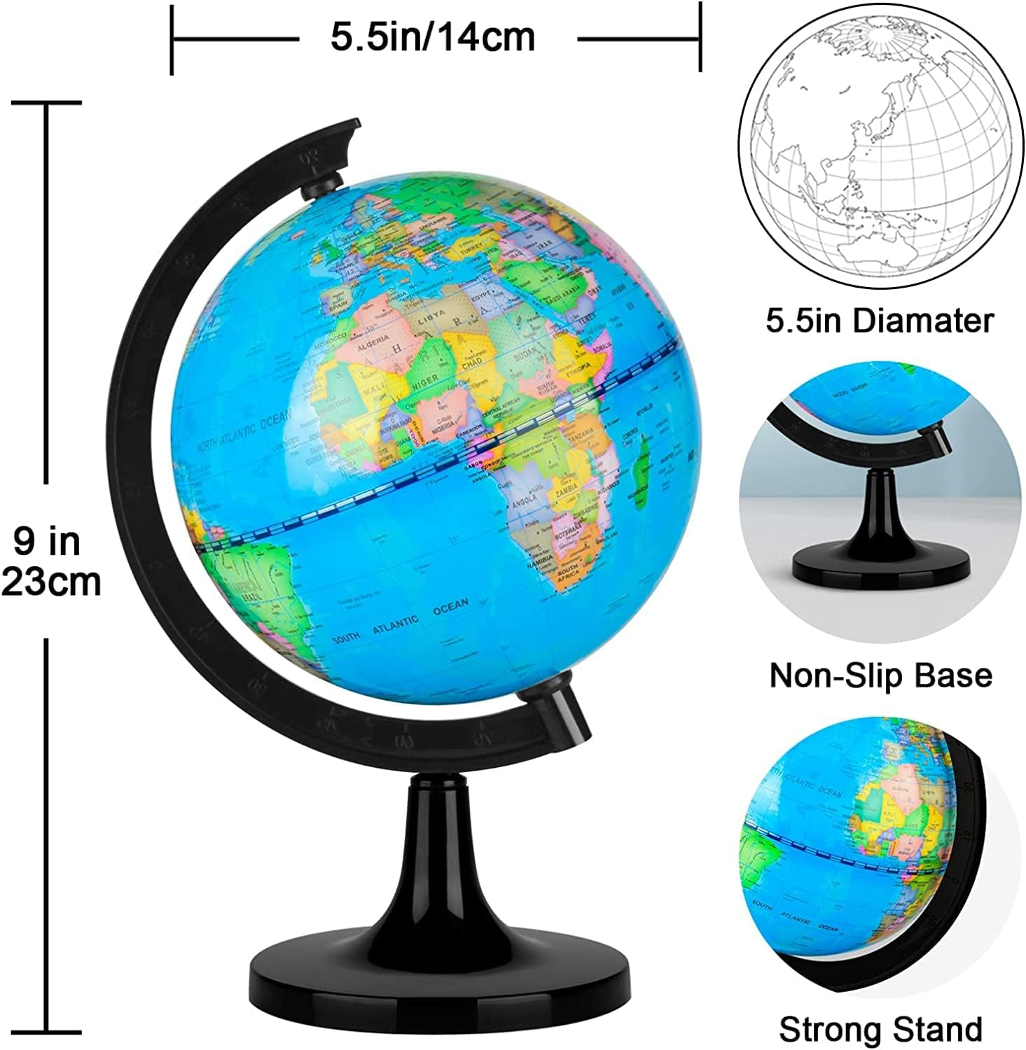 Wizdar 5.5" World Globe for Kids Learning, Educational Rotating World Map Globes Mini Size Decorative Earth Children Globe for Classroom Geography Teaching, Desk & Office Decoration-5.5 Inch