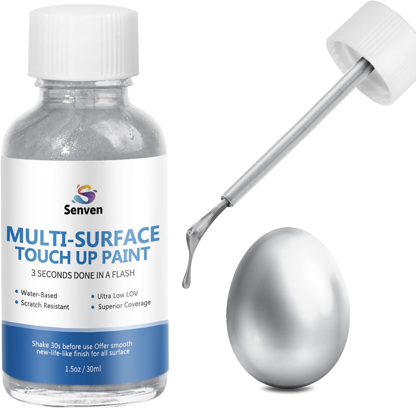 SENVEN Liquid Silver Leaf Paint High Gloss Multi Surface Rich Silver Paint for Metal, Wood, Plastic, Canvas, Appliance, Furniture Scratch Repair & Art Handcrafts 30Ml/1.5Oz Fast Drying Acrylic