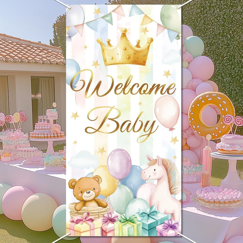 WADORN Welcome Newborn Backdrop, Newborn Shower Party Backdrop Decor Large Fabric Birthday Party Photo Banner Photography Background Photo Booth Props for Gender Revel Party 35.43X70.87 Inch image number 3