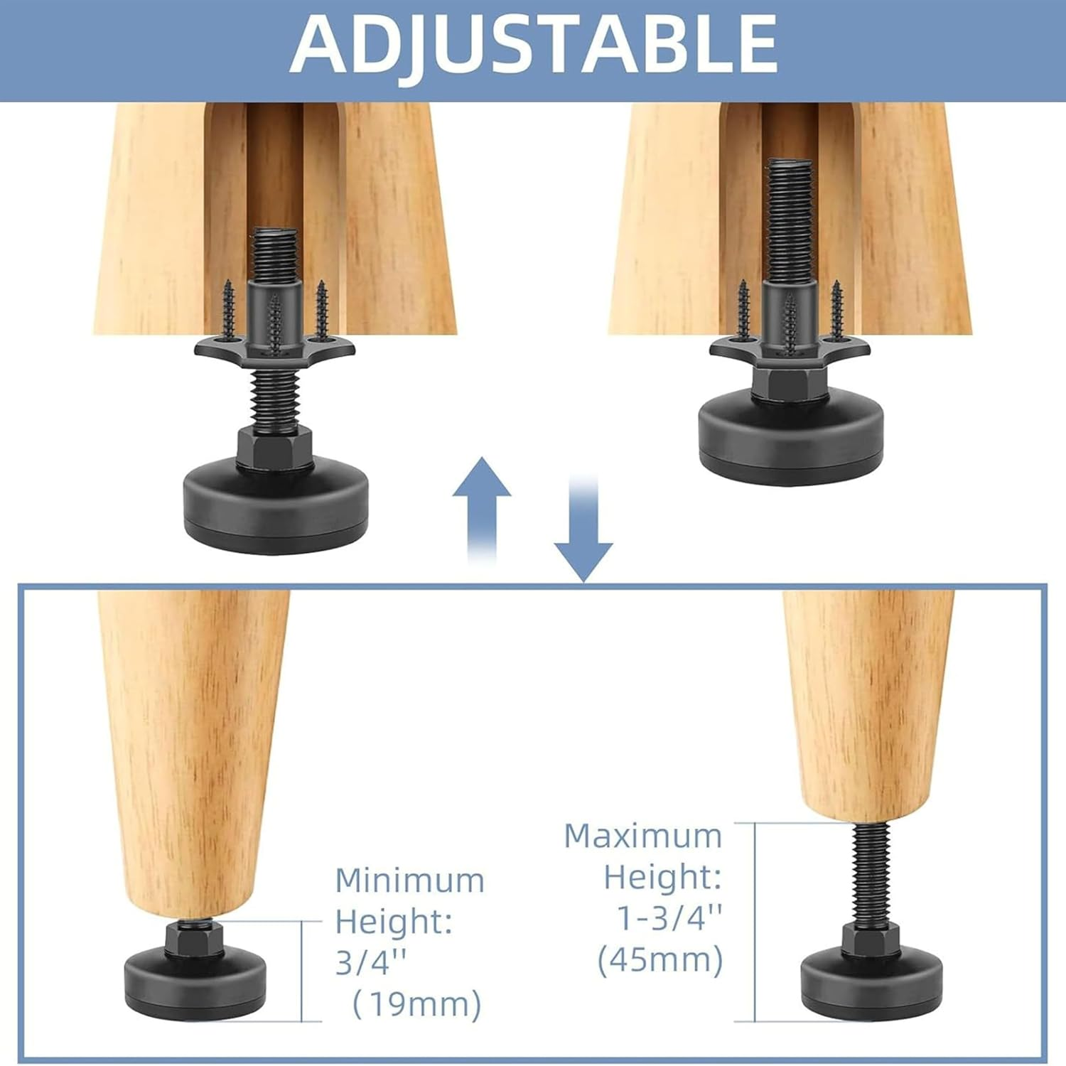 4PCS Heavy Duty 3/8"-16 Thread Adjustable Furniture Leveling Feet with T-Nut Kit,Threaded Leveling Feet,Large Base Furniture Levelers Support for Cabinets,Tables,Chairs,Sofa,Workbench (Black) image number 6