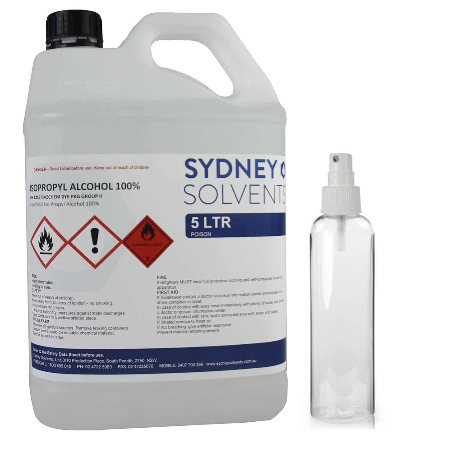 Sydney Solvents Isopropyl Alcohol 100% 5L + 250Ml Spray Bottle &ndash; High Purity Cleaner for Home & Industrial Use &ndash; Fast Drying, Streak-Free Cleaning image number 2