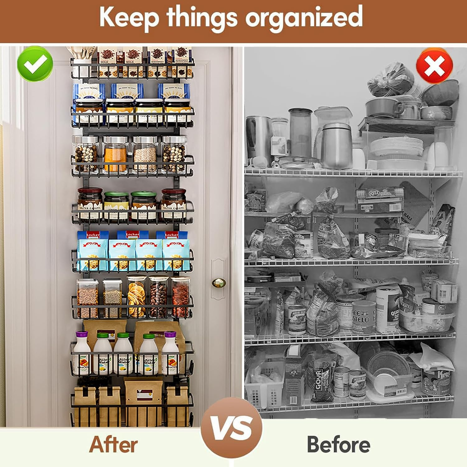 Over the Door Pantry Organizer, 8-Tier Heavy-Duty Metal Pantry Organizer with Adjustable Baskets, Spice Rack, Space-Saving Shelves, with Suction Cups for Each Layer image number 3