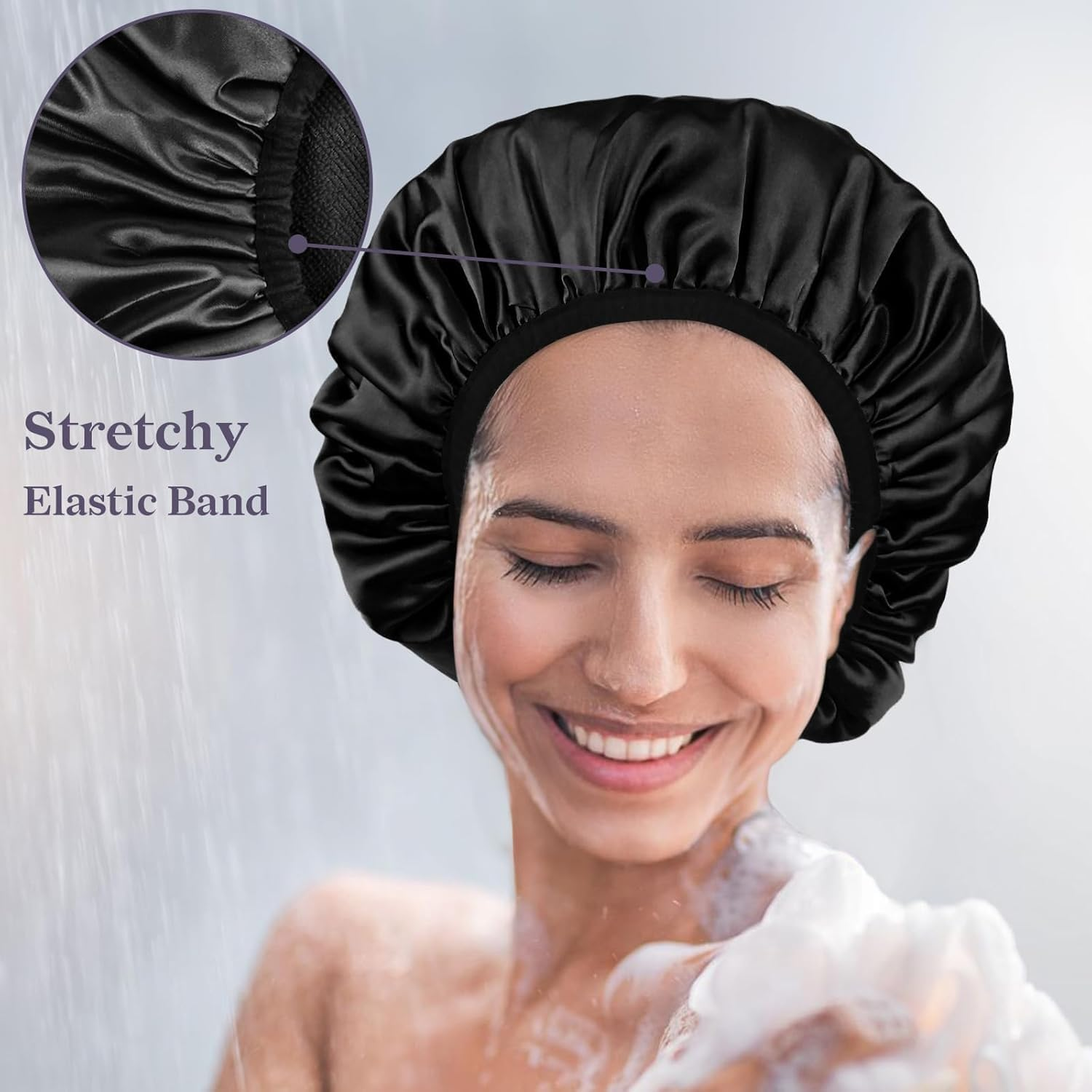 Shower Caps for Women,Triple Layer Shower Cap with Dry Hair Function,Waterproof Showers Cap,Terry Cloth Lined Reusable,Practical Bathing Accessories,Soft Wrap for Long Thick Hair(Black) image number 1