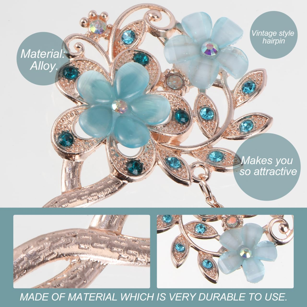 Minkissy Rhinestone Flower Hair Sticks Blue Cat'S Eye Gemstones Vintage Chinese Hanfu Hair Chopsticks with Tassel Floral Hairpins Hair Styling Accessories - Sky-Blue image number 2