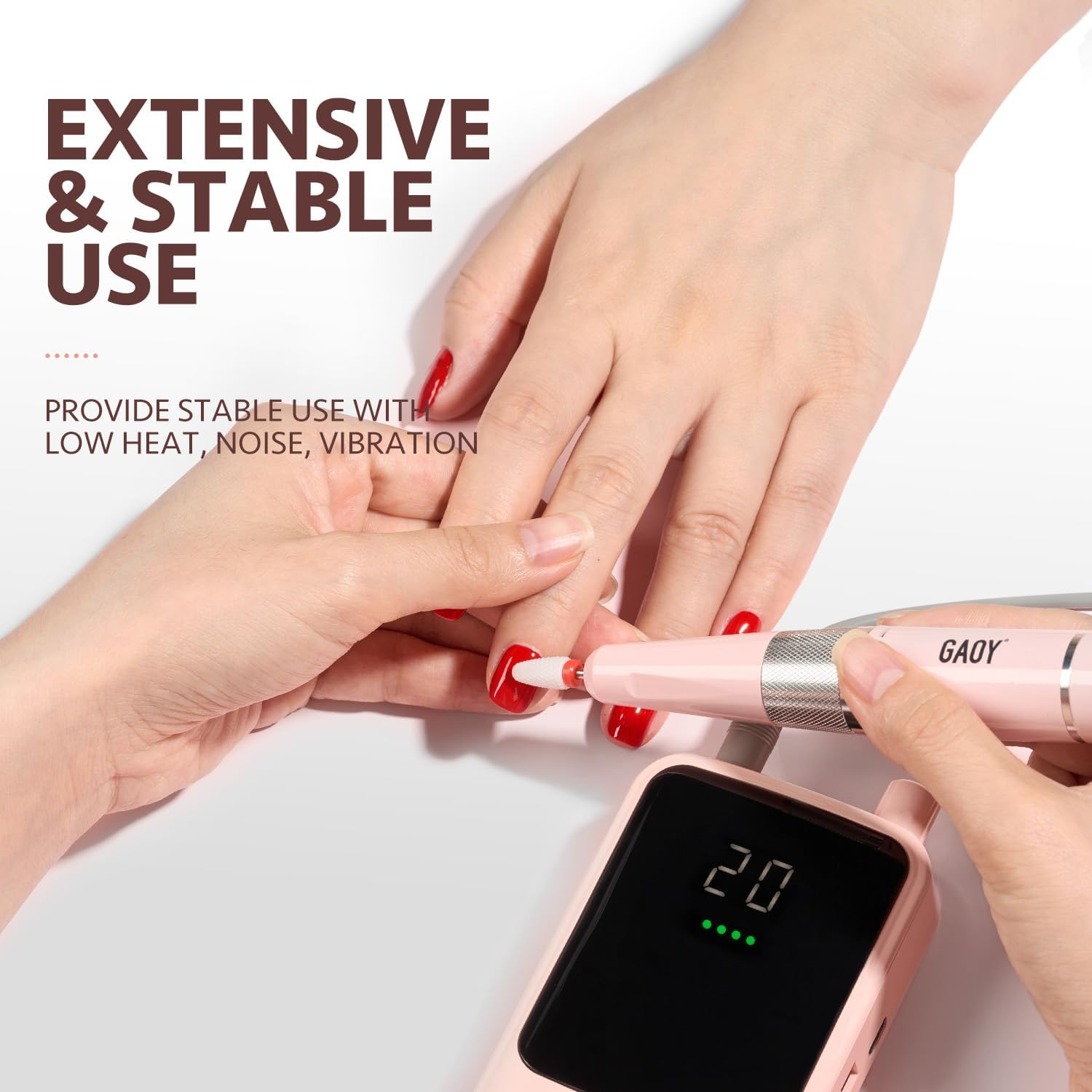 GAOY Rechargeable Cordless Nail Drill for Beginners, Electric Nail File with 12 Drill Bits and Sanding Band Set for Acrylic and Gel, Pink image number 6