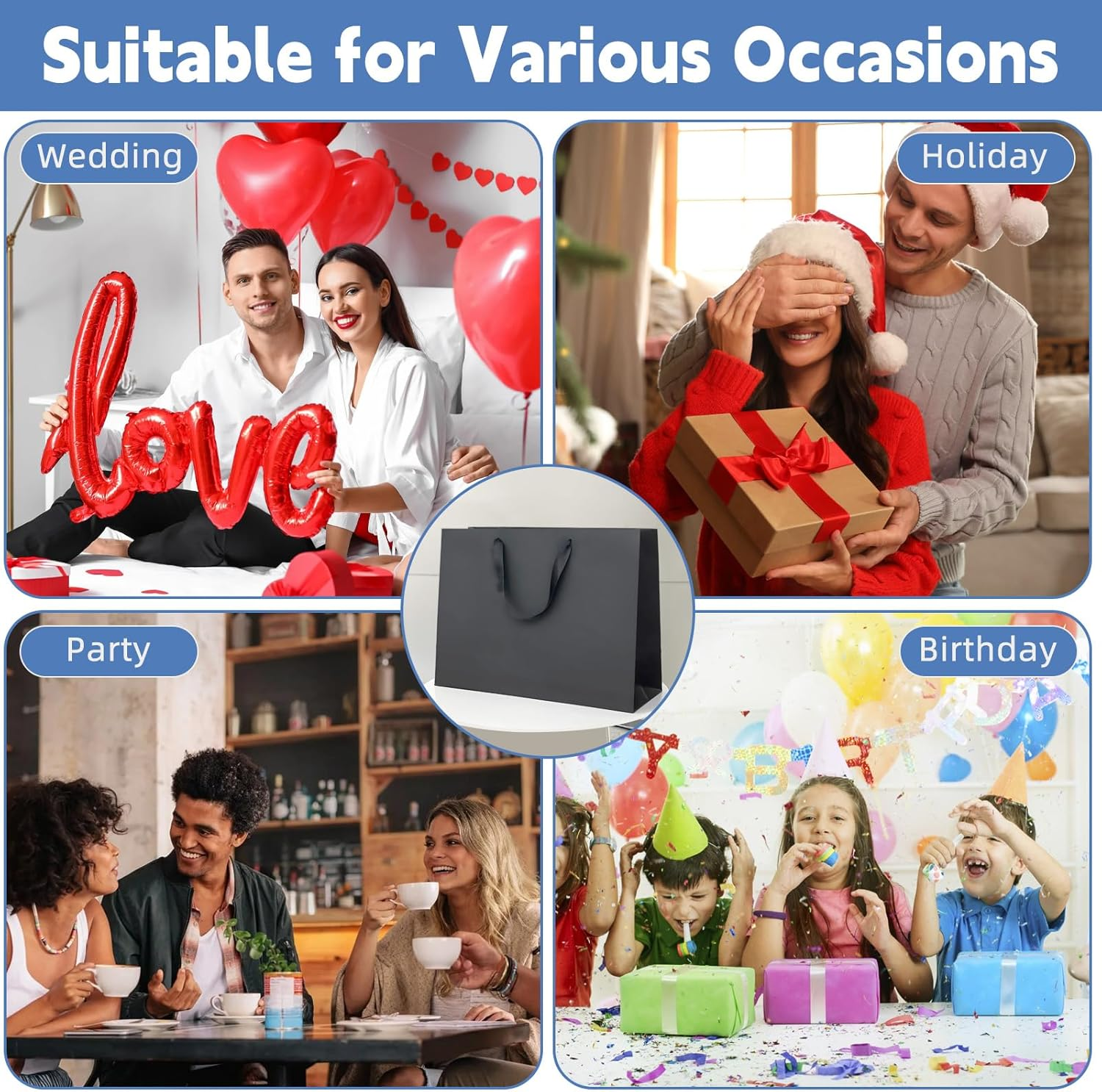 Fayrvind 6 Pack 40 X 28 X 12CM Black Gift Bags with Handles,Large Size Gift Bags Bulk with White Tissue Papers for Christmas Birthday Graduation Anniversary Fancy Wedding, Baby Shower Bridesmaid Party image number 5