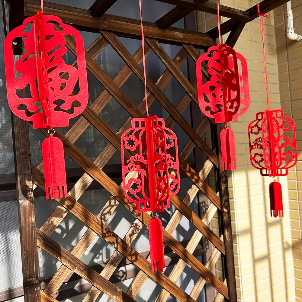 4PCS 17Inch Chinese Lanterns Chinese New Year Decorations for Party Palace Lantern Wedding Supplies Spring Festival Mid-Autumn Festival Party Room Ornaments Hollow Inlaid Red Lanterns - Fu image number 4