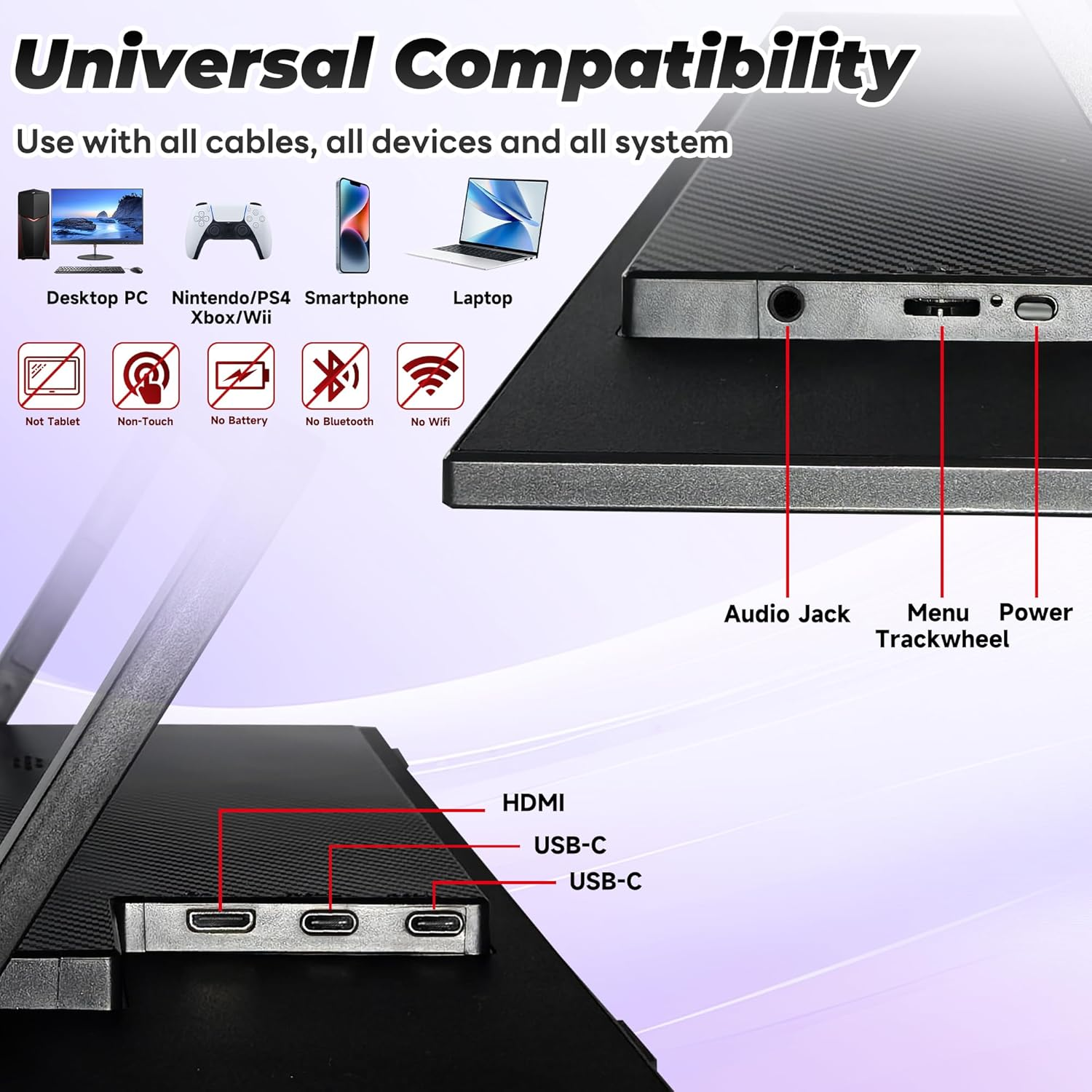 15.6 Inch Portable Monitor, 1080P FHD, Adjustable Angle Bracket, Protective Sleeve Bag, Dual USB-C & HDMI Second Monitor for Laptop, PC, Phone, Mac, Switch, HDR IPS Gaming Display, VESA Compatible. image number 3