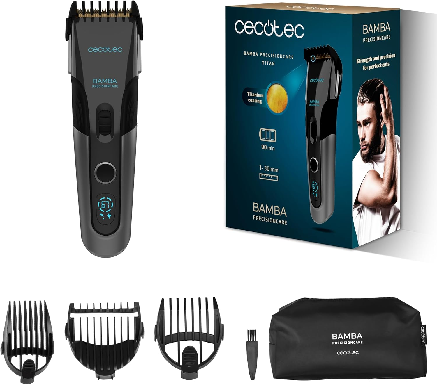 Cecotec Bamba Precisioncare Titanium Coated Blade 90 Minutes Autonomy up to 30Mm Cordless 3 Guide Combs Display Maintenance Alarm Lock image number 1