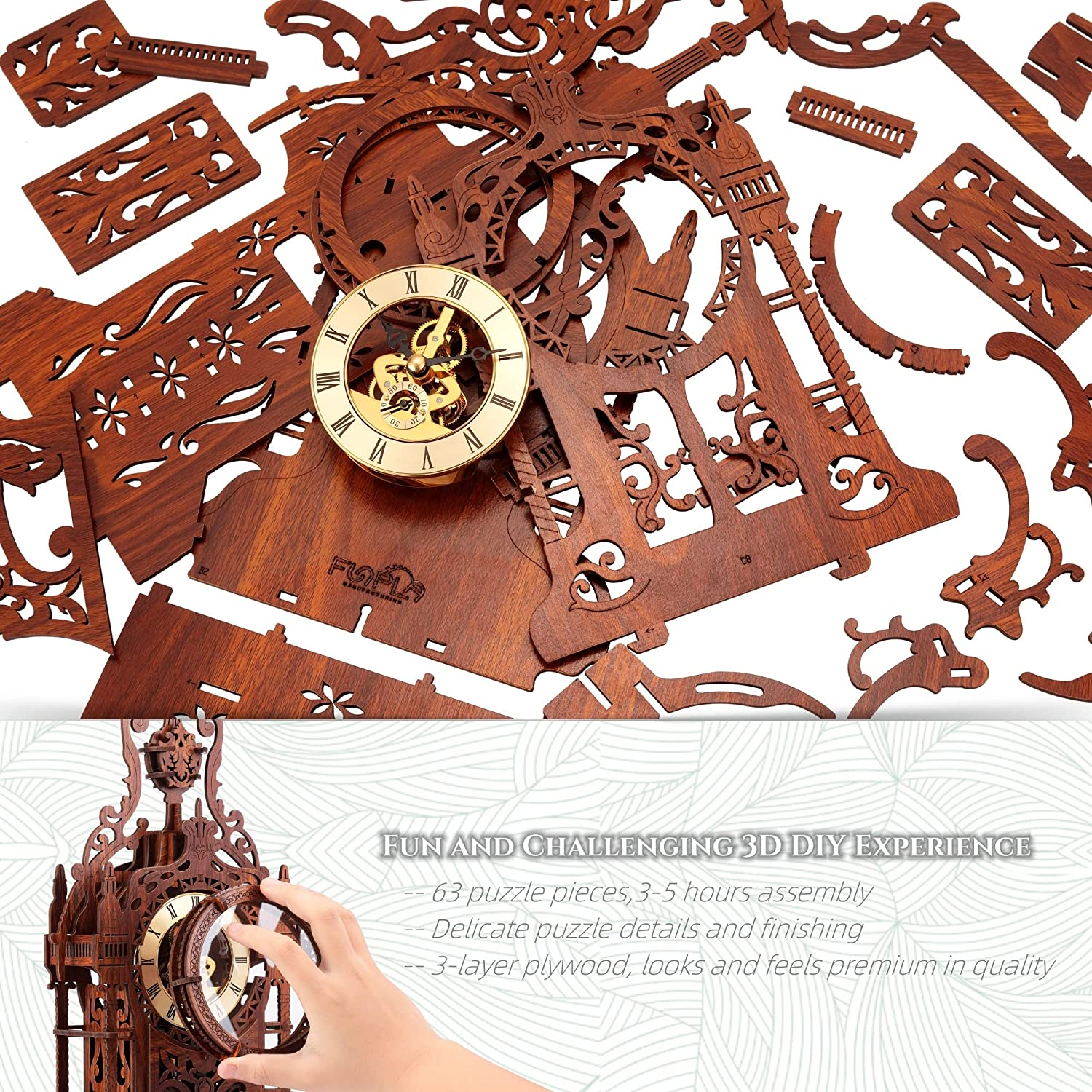 FUNPOLA LED 3D Wood Puzzle Clock Tower 3D Puzzle Building Model Home D&eacute;cor Puzzle DIY 3D Puzzle Clock Kit for Adults/Teens Present Gift image number 4