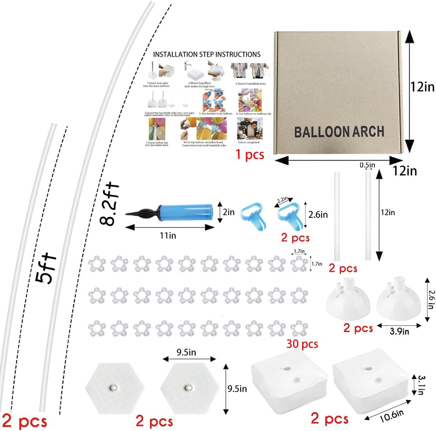 Balloon Arch Kit 8.2 Ft High & 5 Ft DIY Free Bending Shape Half Arch Balloon Stand Irregular Standing Balloon Arch Stand with Base for Party Birthday Wedding Decoration (White Balloon Support) image number 1