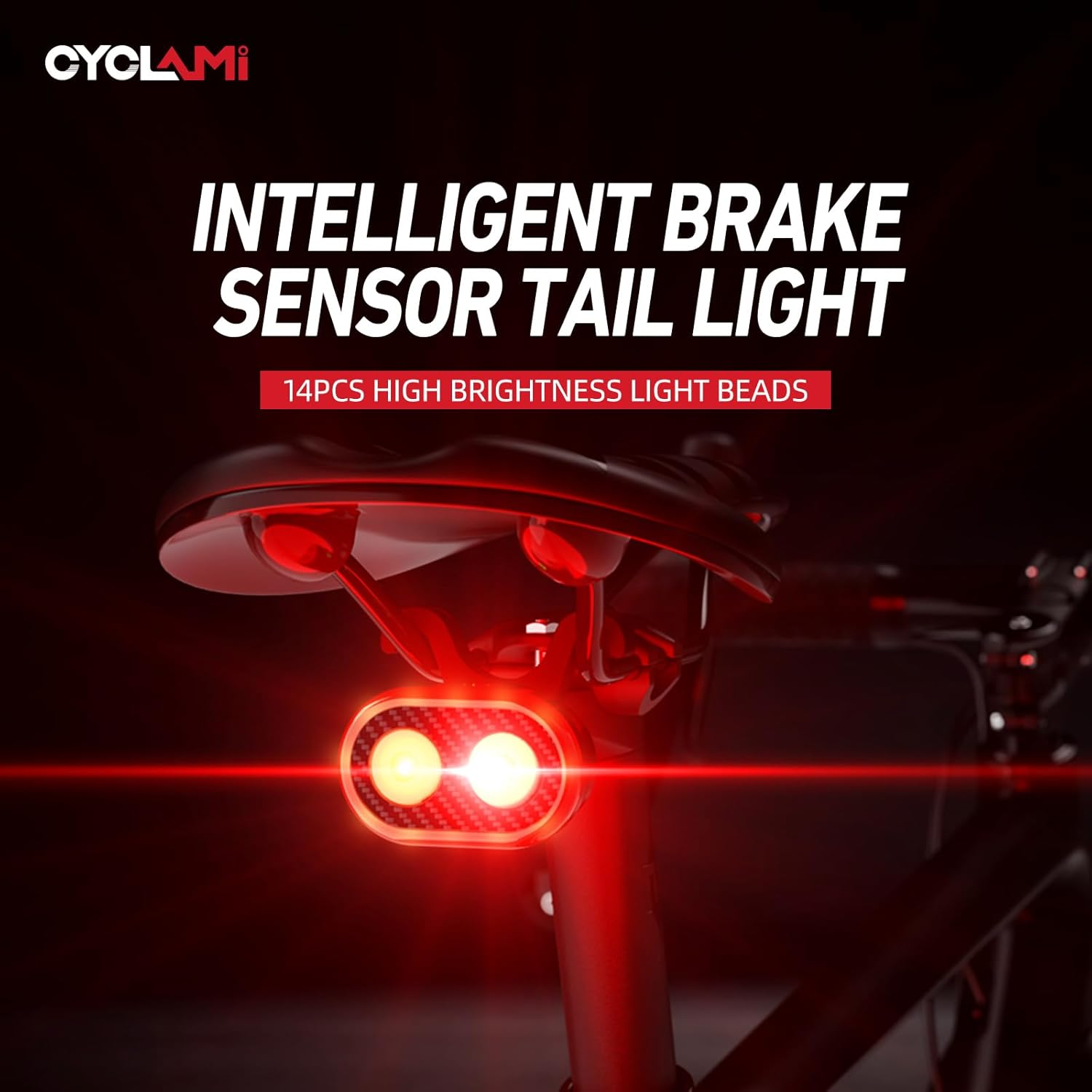 CYCLAMI Smart Bike Rear Lights，Brake Sensing Bicycle Lights,Type-C Rechargeable Super Bright Lights with 20 Flowing Modes,600Mah IPX6 Waterproof for Night Riding/Cycling Safety/Camping/Backpack image number 5