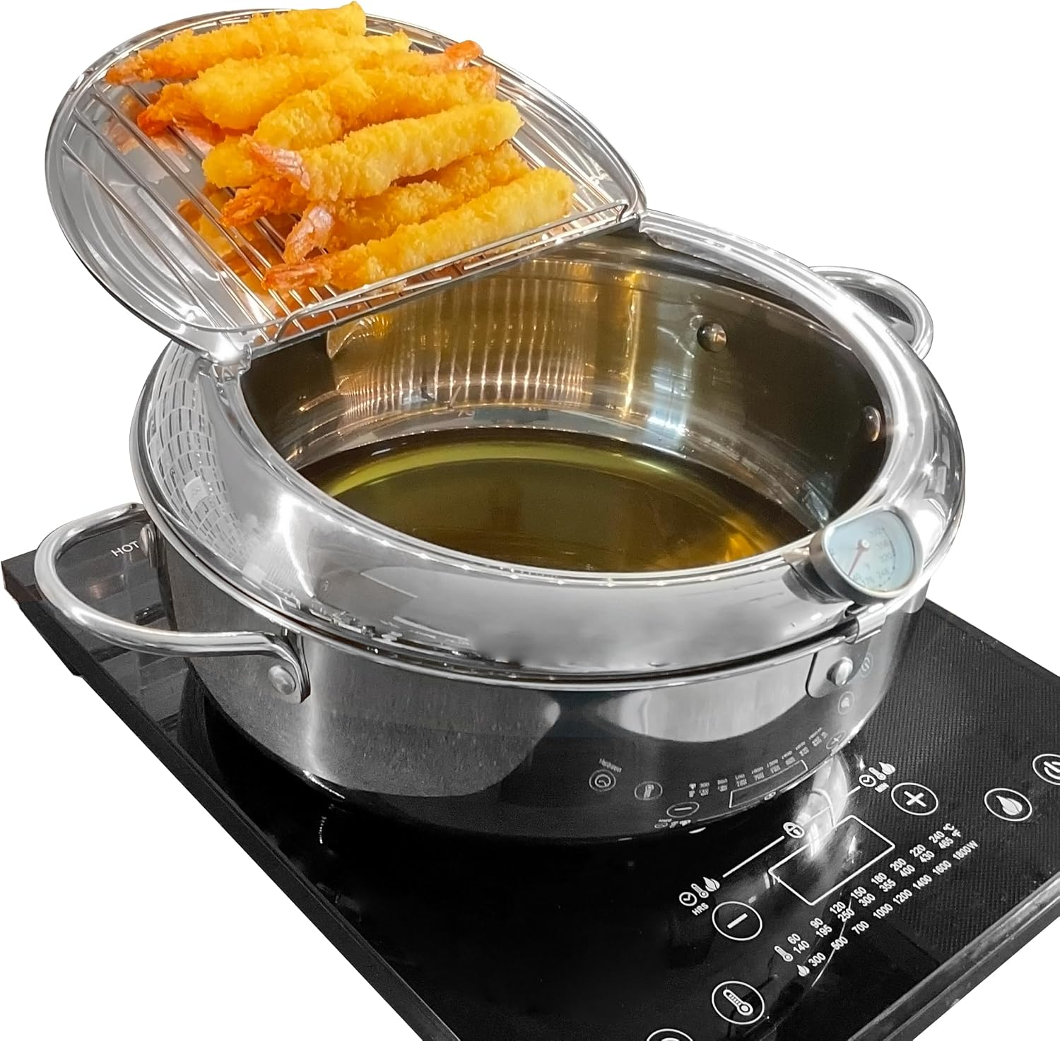 Deep Fryer Pot (&deg;F), 11"/4.4Qt (4.2 L) Extra Large Tempura Frying Pot with Lid, 304 Stainless Steel Fry Pot with Fahrenheit Thermometer and Oil Drip Drain Rack image number 2