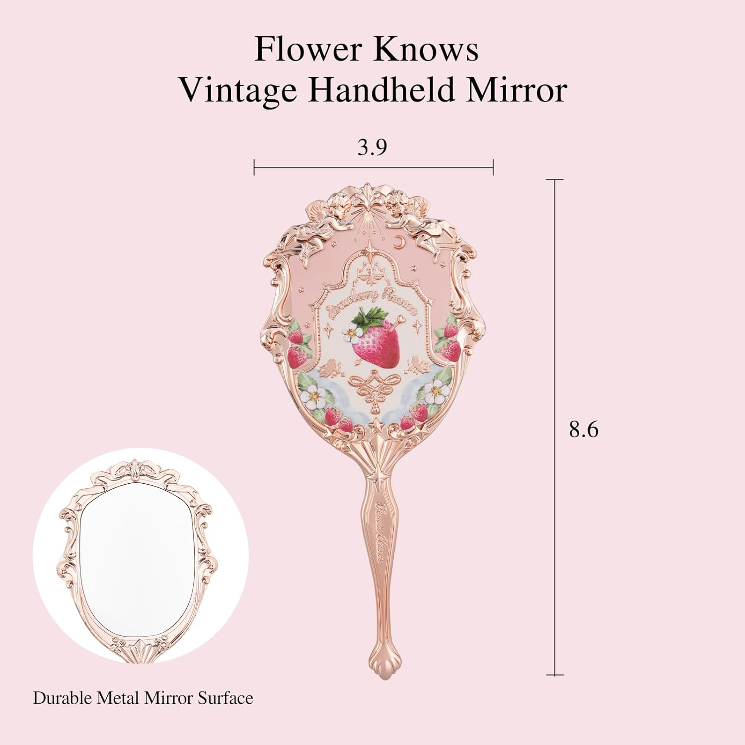Flower Knows Strawberry Rococo Handheld Mirror, Soft Pink, Gold Frame, 8.6L X 3.9W Inches, Tabletop Mount, Aesthetic Princess Mirror, Perfect for Touch-Ups and Travel image number 5