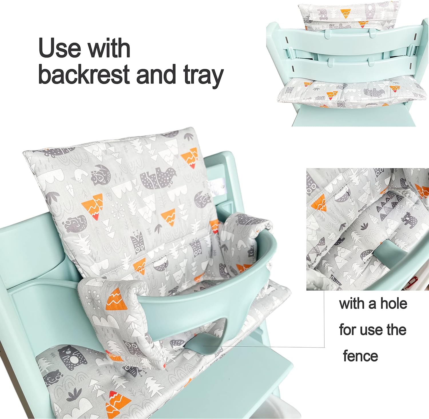 ZARPMA Highchair Cushion Compatible with Tripp Trapp Chiar High Chair Insert Cotton Fabric Cover Filled with Cotton Padding (Grey Forest) (Grey Forest) image number 2