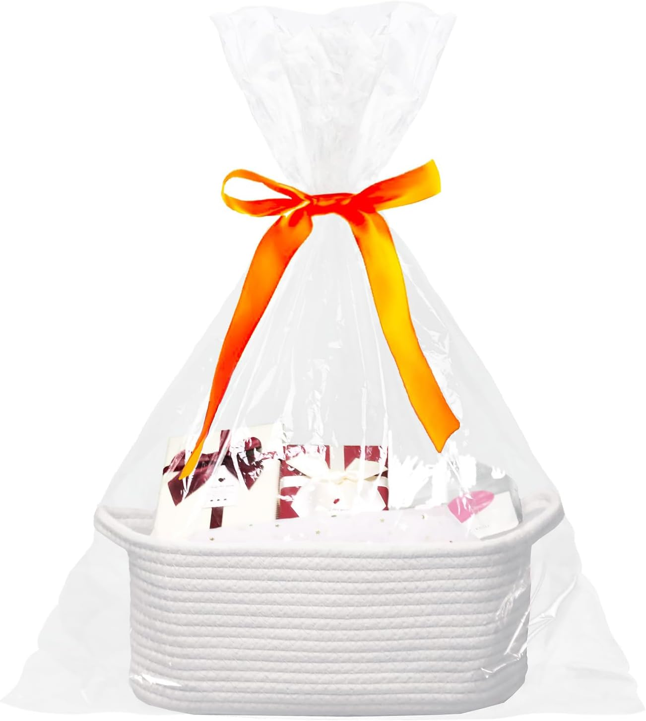 Baby Gift Basket with Gift Bags and Ribbons, 12X 8 X 5 Inch Empty Cotton Rope Baby Basket, Basket Organizer for Baby and Pet Toys, White