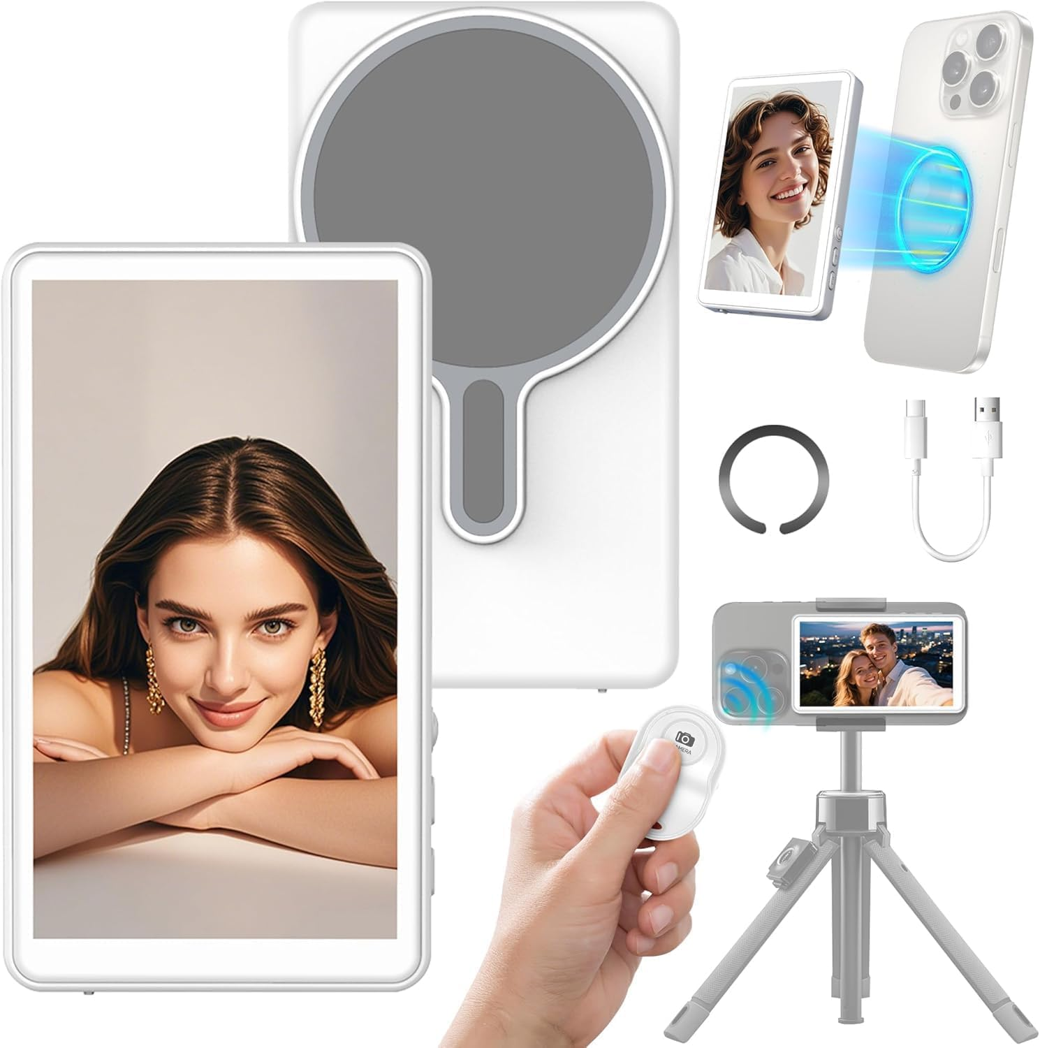 Vlog Selfie Monitor Screen for Phone, Magnetic Phone Vlog Selfie, Wireless Screen Mirroring for Magsafe, Back Camera Monitor for Live Stream Tiktok, Compatible with Iphone & Android -Gray