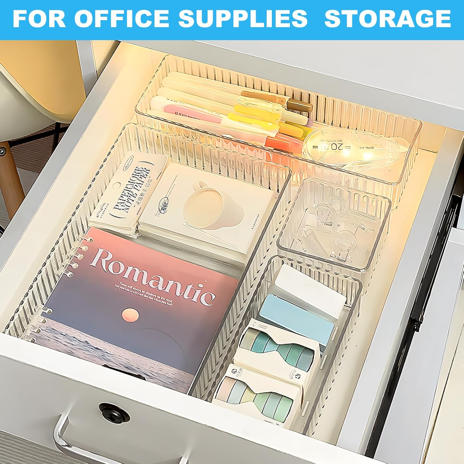 7 PCS Clear Drawer Organizers Bins, 4-Size Stackable Makeup Organizer Trays, Drawer Storage Containers, Desk Organiser for Kitchen Bathroom Makeup Office image number 4