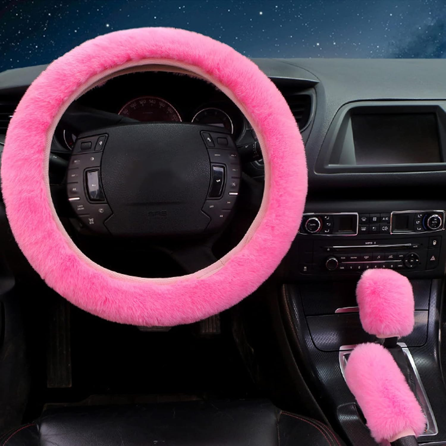 Wazzh 7PCS Set Car Interior Aesthetic Accessories, Fluffy 15 Inch Steering Wheel Cover, Armrest Pad, Seat Belt Cover,Gear Shift Cover, Fit Girly Car Accessories for Women. - Black image number 3