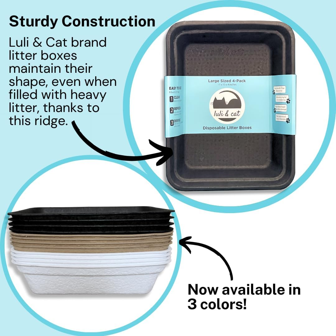 Luli & Cat Disposable Litter Boxes for Cats | Large Sized Black Colored 4-Pack | Durable and Water Resistant image number 6
