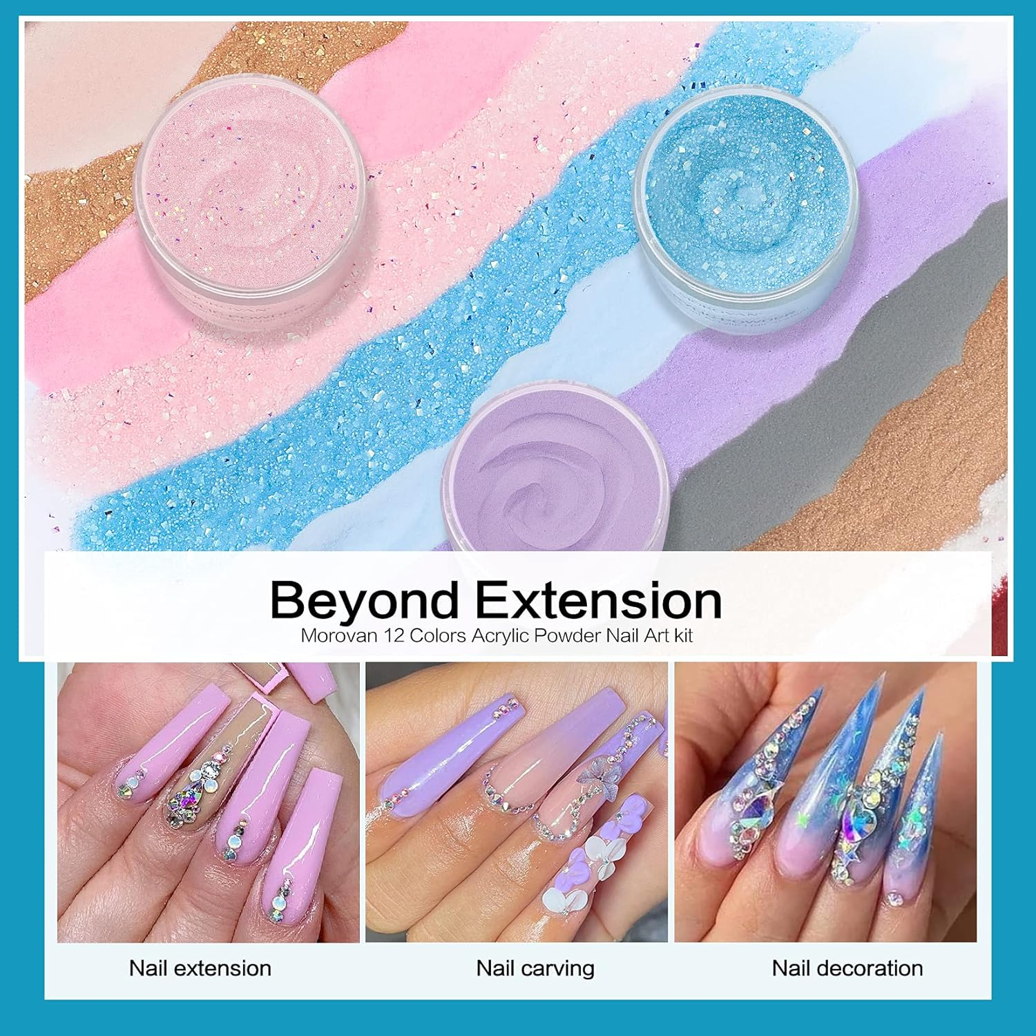 Morovan Acrylic Powder Set 12 Colors Gift Nail Art Powder Beginner DIY Professional Polymer Powder for Acrylic Nails Extension Odor-Free Bubble-Free No Nail Lamp Needed (Elegant Senior) image number 3