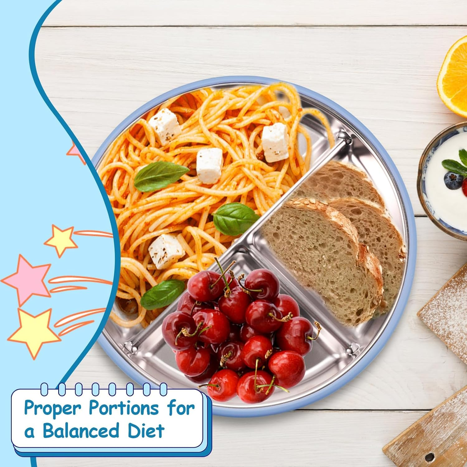 Stainless Steel Baby Plates with Suction,9&rdquo; Divided Plates Silicone Sleeve for Kids,Metal Toddler Plates BPA Free, Children Feeding Unbreakable Dishwasher Safe Set of 2 (Blue and Grey) image number 5