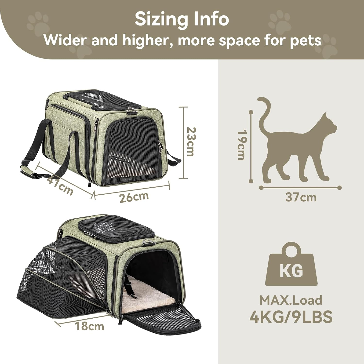 Petsfit Expandable Pet Carrier Airline Approved, Soft-Sided Portable Cat Carrier Dog Carrier, with Removable Plush Mat, Locking Safety Zippers and Pockets, Green image number 5