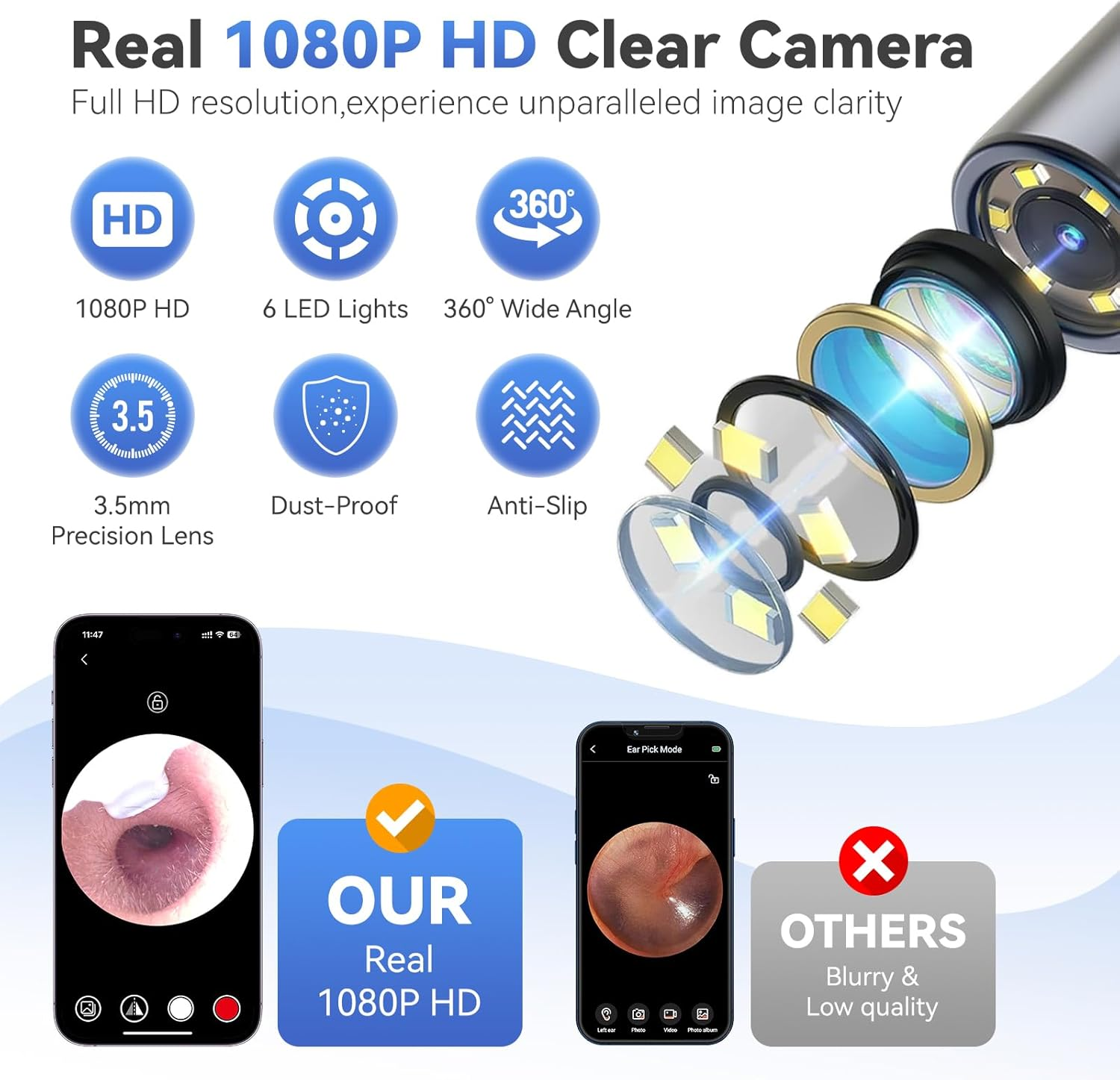 Ear Cleaner, Earwax Removal - Ear Wax Removal Tool with 8 Pcs Ear Set - Ear Cleaner with Camera and Light, 1080P - FSA HSA Eligible -Earwax Removal, Ear Wax Cleaner with 6 Ear Spoon - Ear Camera for Iphone Ios & Android (Black) image number 4