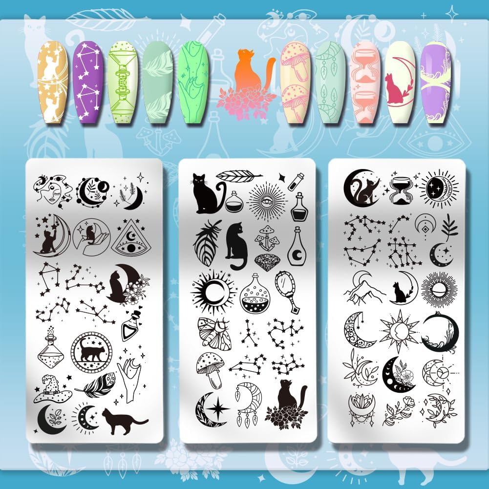 PH Pandahall 3Pcs Moon Stars Pattern Nail Stamp Plate Cute Cat Shape Print Art Template Stainless Steel Nail Image Plate Sun Pattern Nails Art Stencils for Women DIY Printing 4.7X2.3 Inch