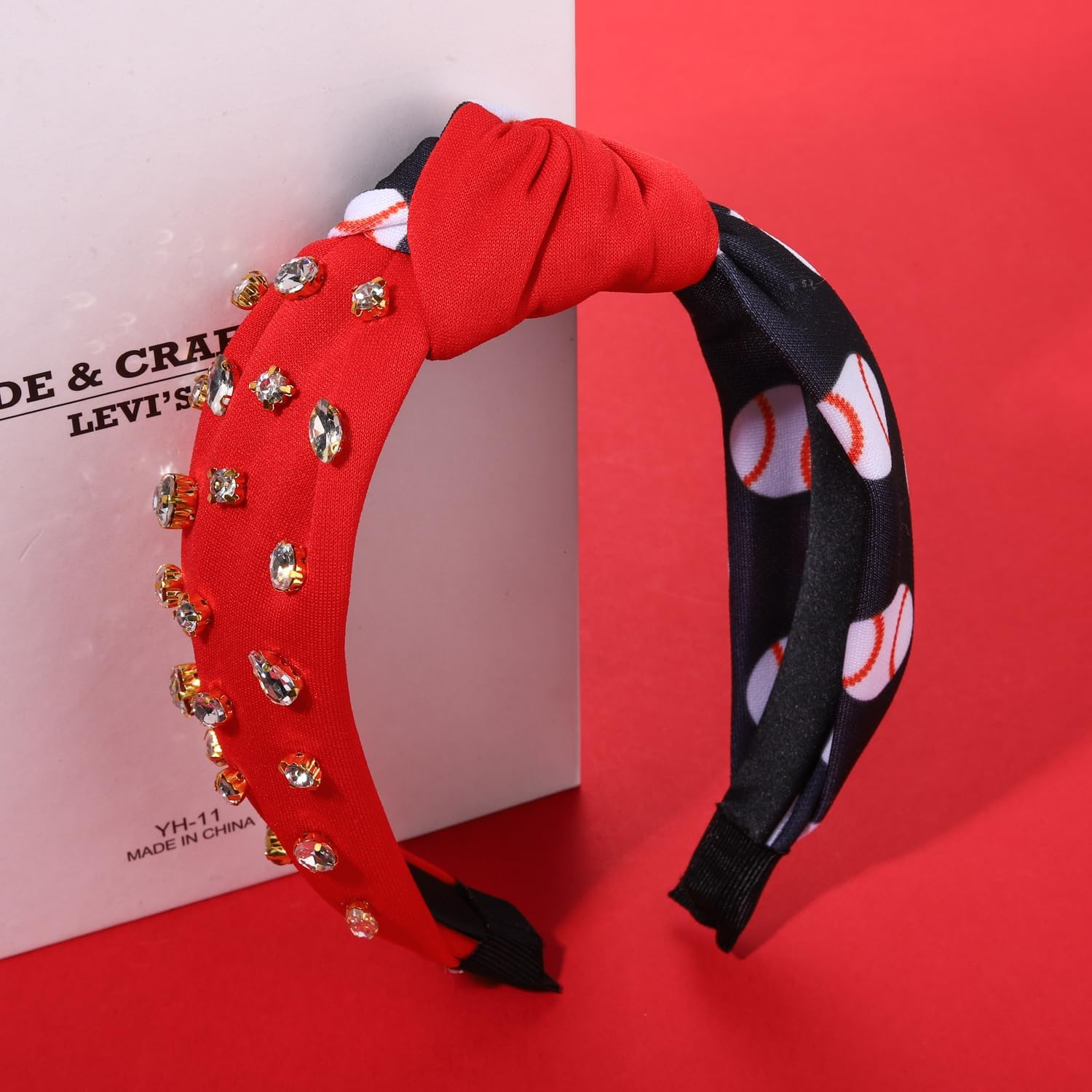 CEALXHENY Rhinestone Knotted Headbands for Women, Top Knot Baseball Headband, Embellished Jeweled Game Day Headband Sports Team Headbands Game Day Hair Accessory (Baseball-Back/Red) - Baseball-Back/Red image number 5