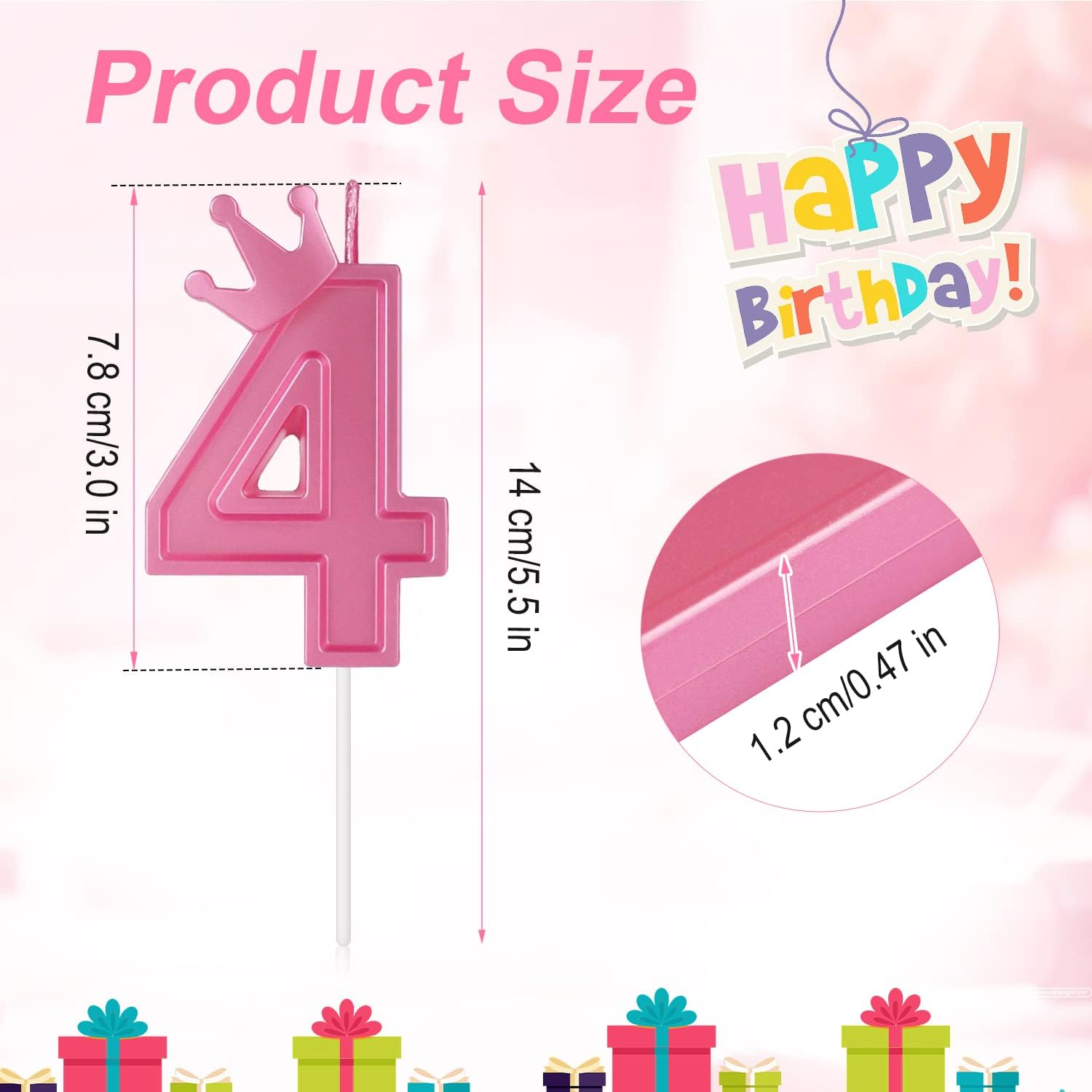 3 Inch Birthday Number Candle, 3D Number Candle with Crown Decor Large Cake Topper Number Candles for Birthday Cakes Wedding Anniversary Graduation Festival Party (Pink, 4) image number 6