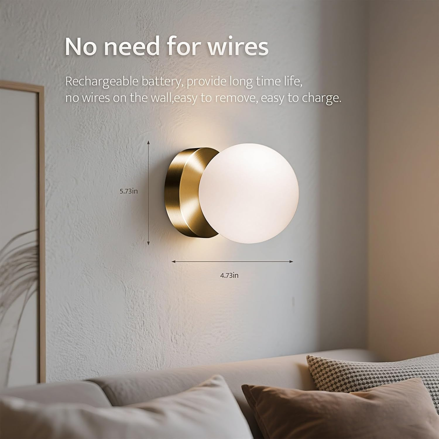 Battery Operated Wall Sconce, Dimmable Wireless Gold Wall Lamp with 5200Mah Rechargeable Battery, Portables Cordless Wall Light Fixtures for Painting Living Room Bedroom Bathroom Hallway Decor image number 5