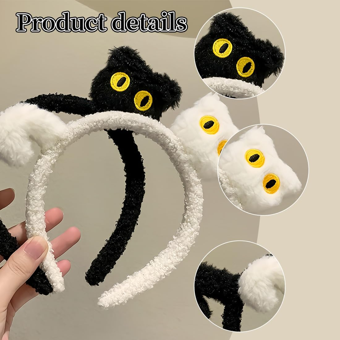 2Pcs Face Wash Headband Spa Hair Bands Black Cat and White Cat Make up Women Cartoon Cute Coral Fleece Hair Accessories for Washing Shower Sports Beauty Skin Care image number 3