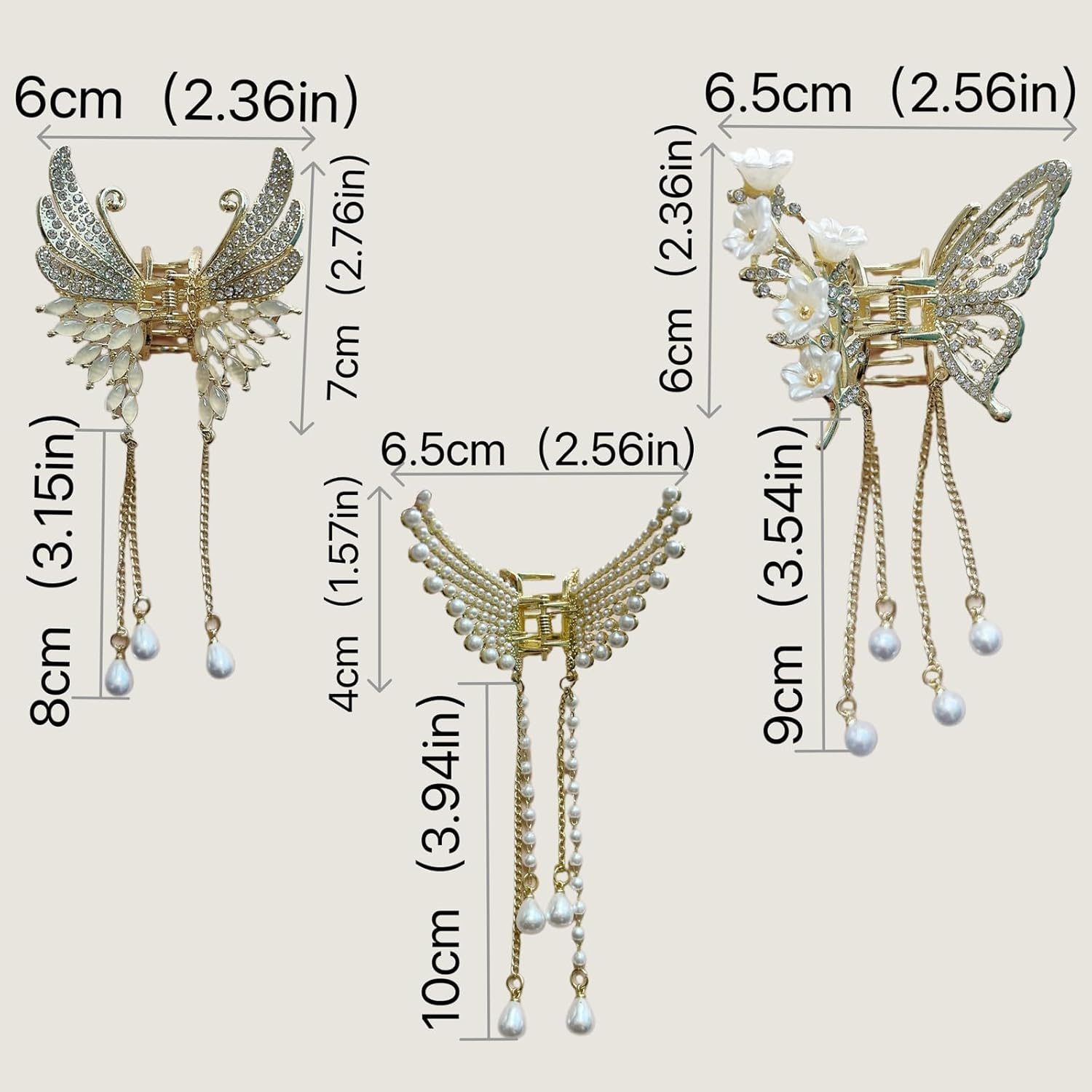 Ypkia Butterfly Hair Clip Small Gold Metal with Fringe Hair Clips Women'S Pearls Rhinestone Elegant Hair Accessory for Women and Girls (Pack of 3) image number 2