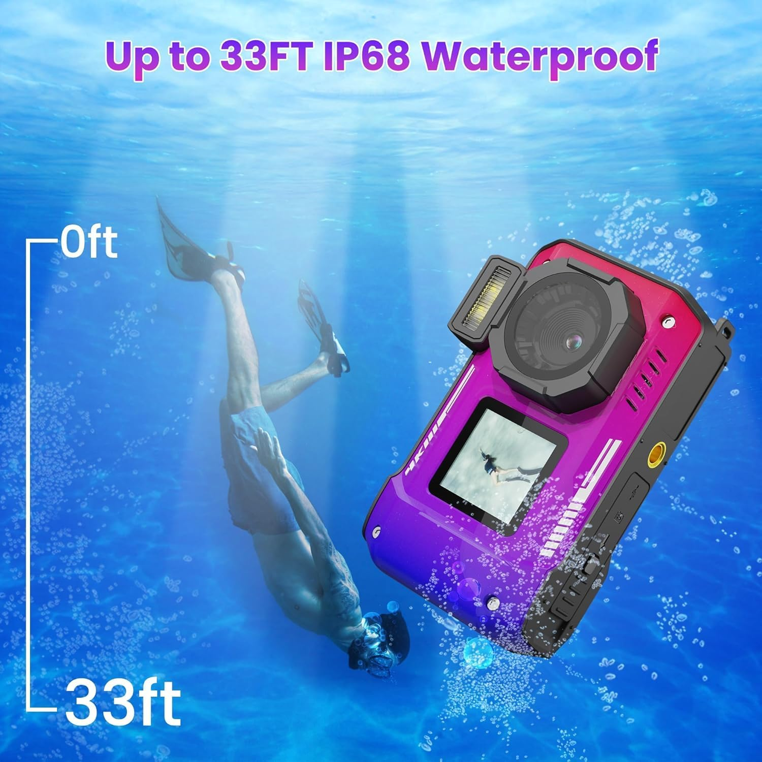 4K 33FT Digital Camera, 48MP Underwater Camera Waterproof Rugged Dustproof Shockproof for Snorkeling Diving, Selfie Dual-Screen Point and Shoot Digital Camera with 32G Card(Gradient Purple) image number 1