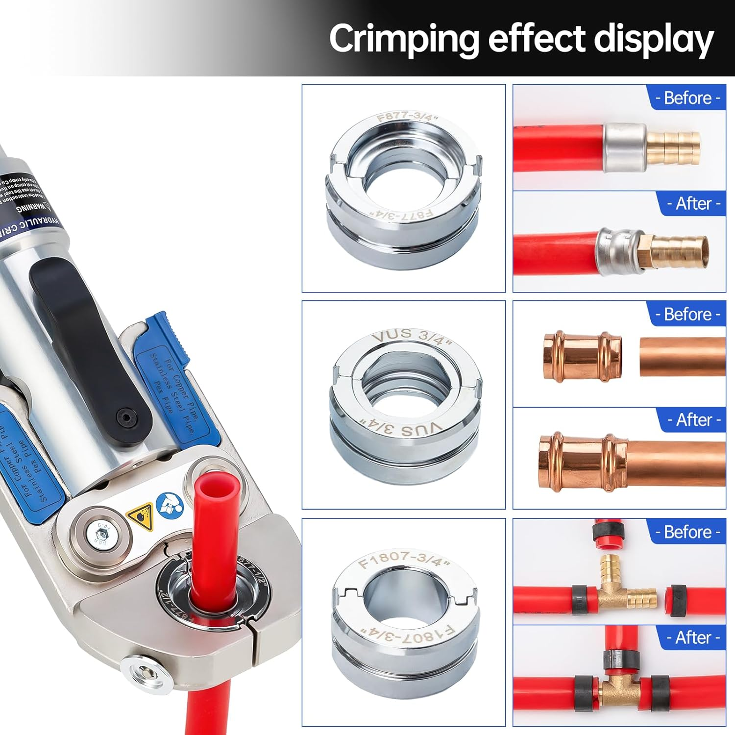 IBOSAD Hydraulic Copper Pipe Tube Fittings Crimping Tool with 30&deg; Angle Jaw - 1/2, 3/4, 1" Die for Copper and F877 Stainless PEX Press Sleeves, 3/8" to 1" Die for F1807 PEX Ring image number 6