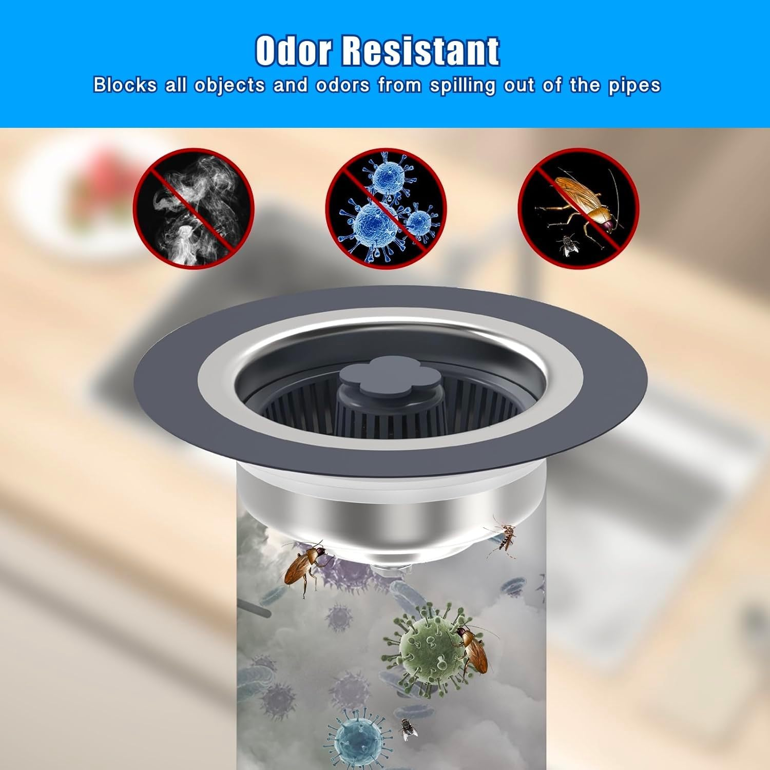 2 Pcs Kitchen Sink Drain Strainer, Upgraded 3 in 1 Kitchen Sink Drain Strainer Set, 304 Stainless Steel Sink Stopper, Silicone Anti-Clogging Catcher Basket,3-Layer Leak-Proof Silicone Ring Filter