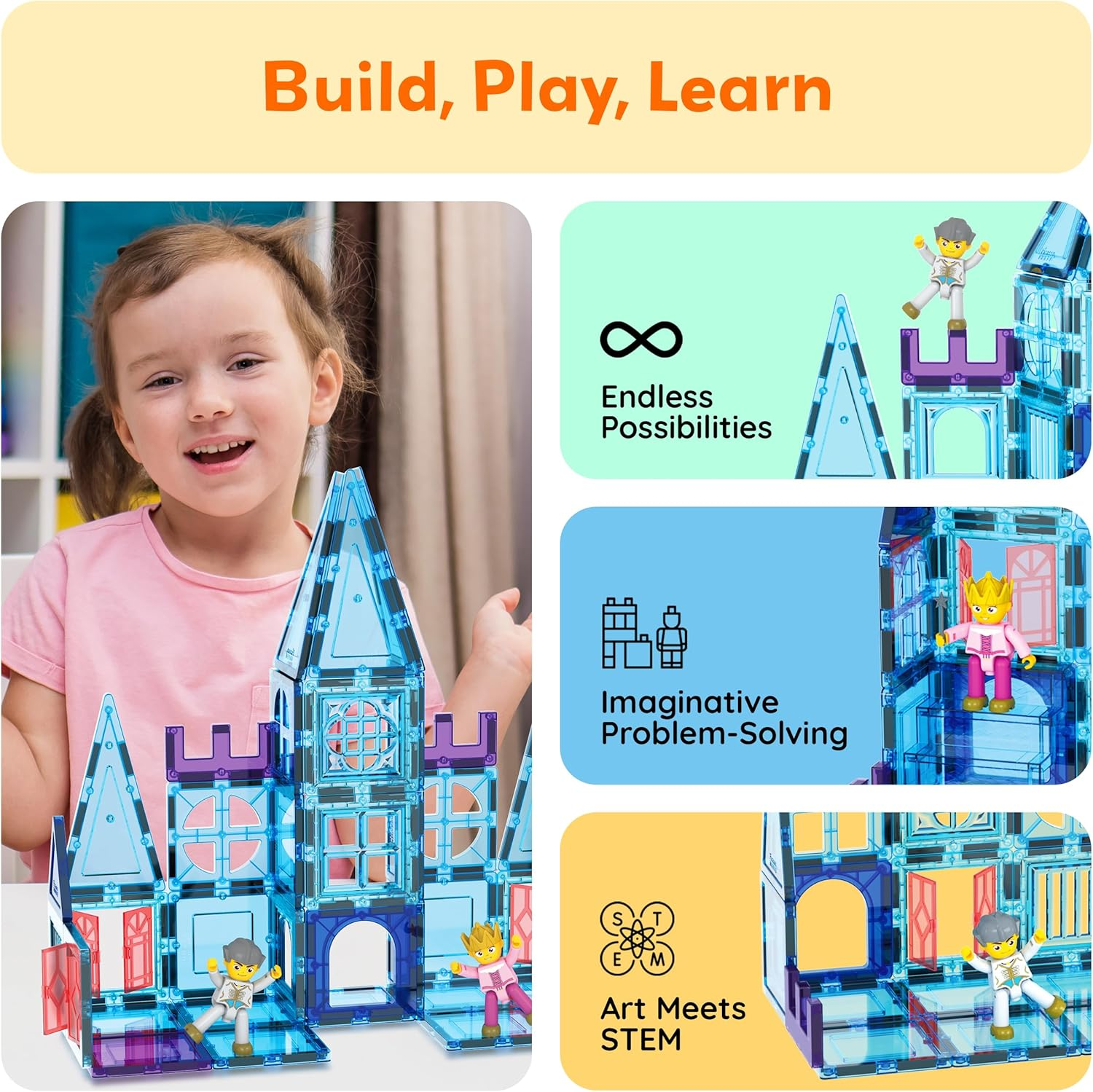 Picasssotiles 72 Piece Magnetic Building Tiles Castle Winter Ice Theme Construction Magnet Block Set with Princess Prince Character Stairs Windows Doors STEM Learning Educational Toy Kids Ages 3+ PT72 image number 3