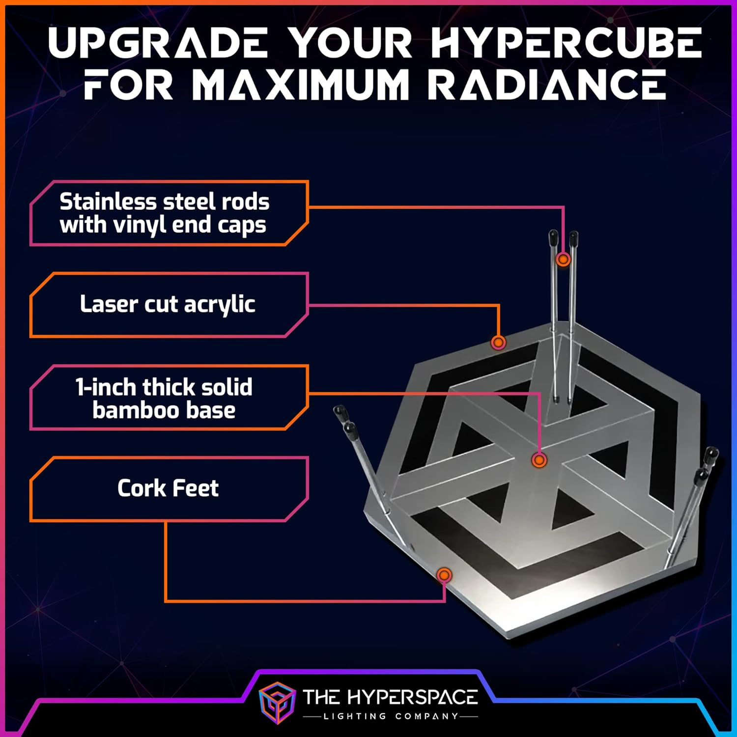 Hyperstand for Hypercube Infinity Cube LED Light - 12.5-Inch Display Stand with Solid Bamboo Base, Stainless Steel Metal Rods & Laser-Etched Acrylic Hyper-Mirror - Fits Both Hypercube10 & Hypercube15 image number 3