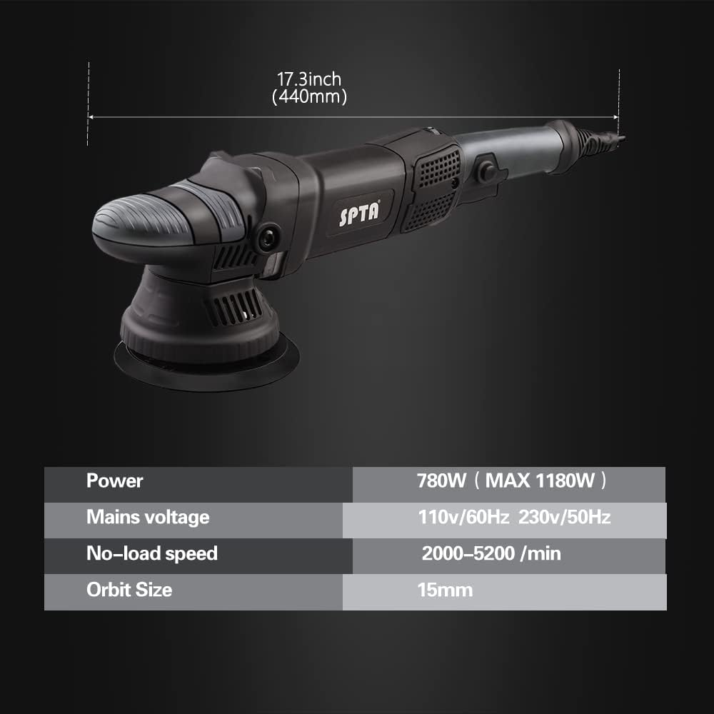 SPTA Car Polishing Machine, 780 W Eccentric Polisher, 6 Variable Speeds, with 125 Mm and 150 Mm Polishing Sponge, Removable D-Handle and Side Handle, 4 M Cable, for Polishing Car, Boat, Motorcycle image number 3