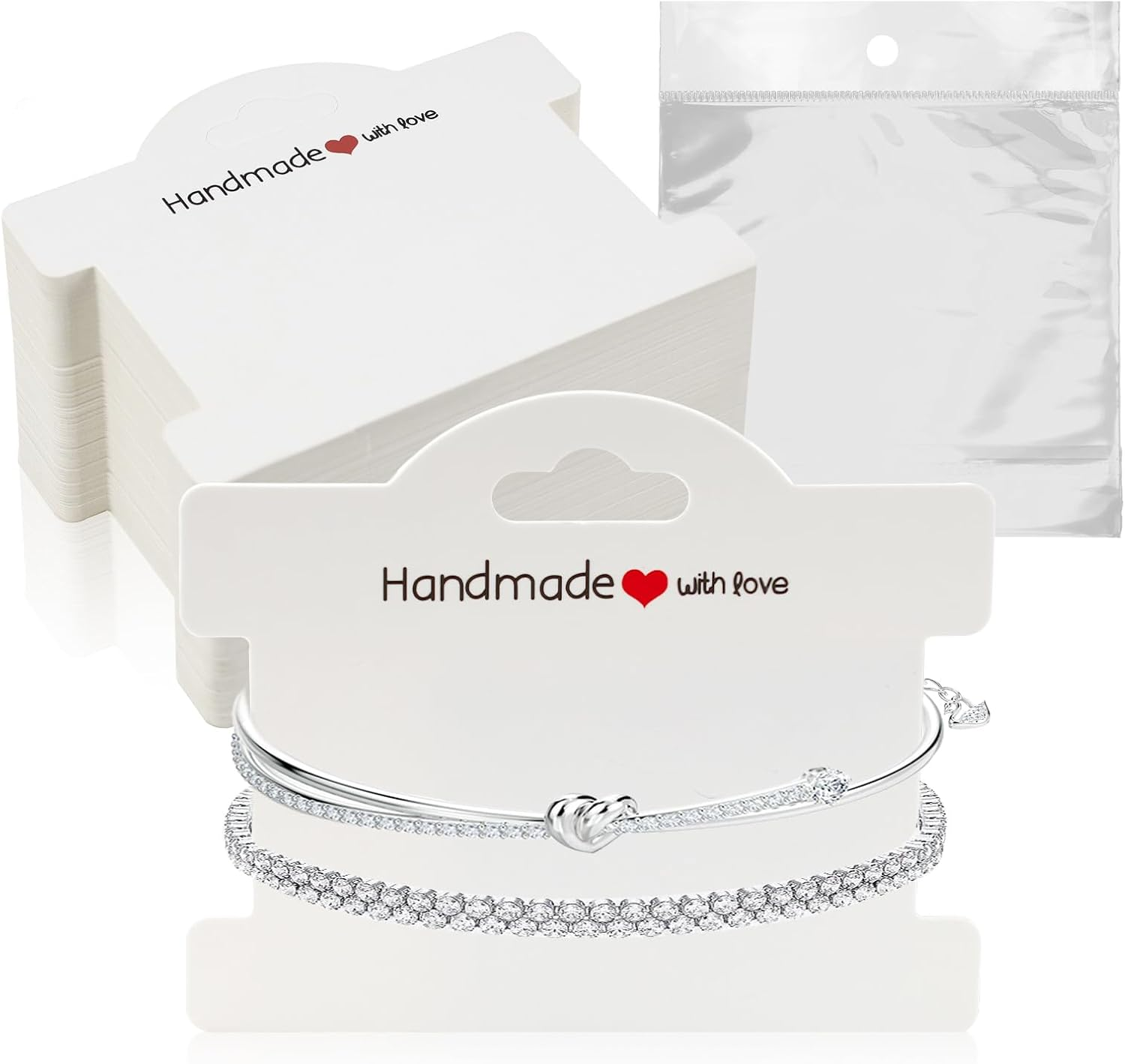 Sekonow 70 Set Bracelet Packaging for Small Business, Bracelet Display Cards with Clear Bags Handmade with Love Hanging Bracelet Business Supplies for Selling Bracelet Jewelry, White