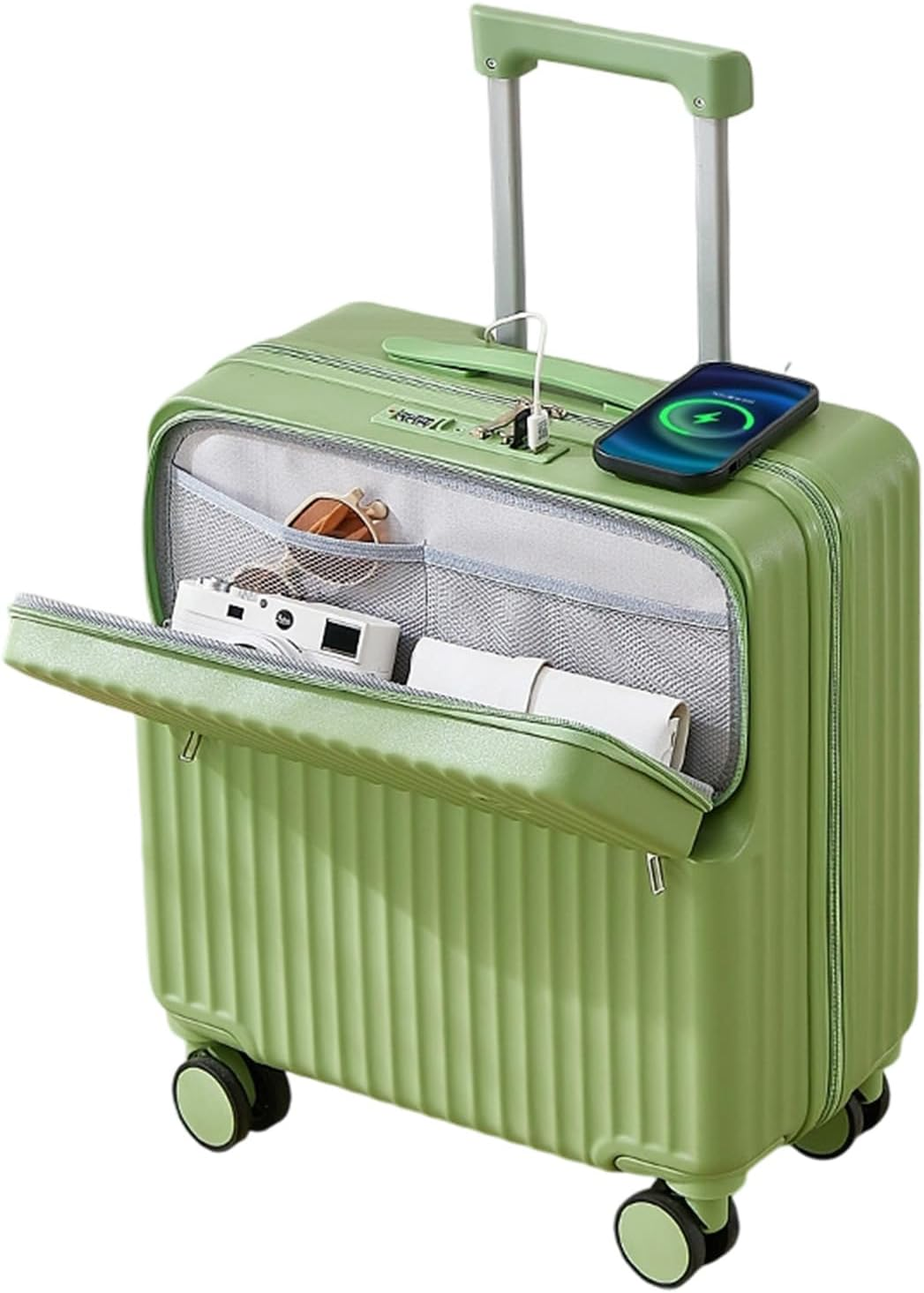 Travel Luggage Small, Carry on Suitcase Hardside, Lightweight Suitcase Spinner 4 Wheels, Front Open Luggage with USB Charger Cup Holder (Black, 18In)